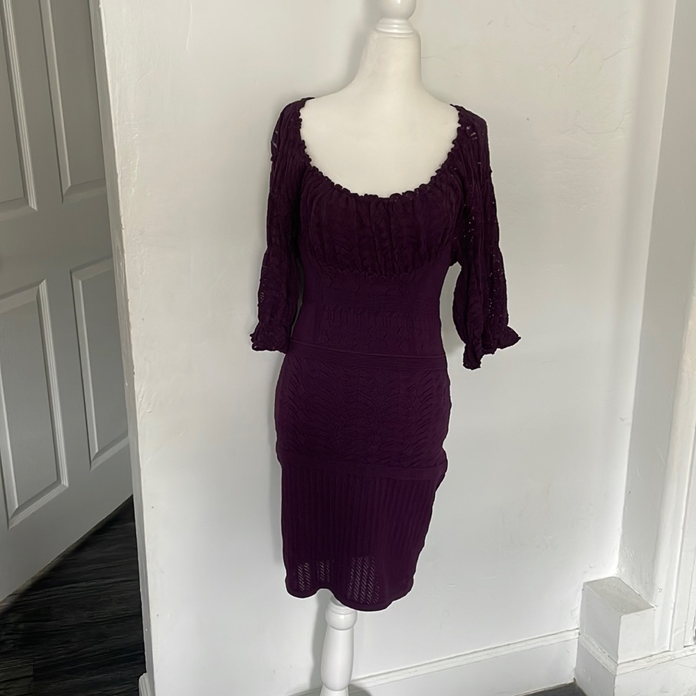 Catherine Malandrino purple lace off-the-shoulder bandage dress